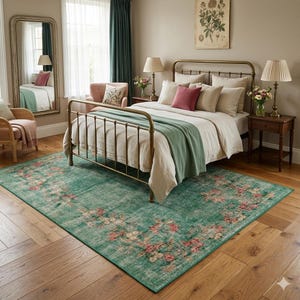 May include: A bedroom scene featuring a distressed floral rug in shades of teal, pink, and cream. The rug is centered in front of a bed with a brass frame, layered with neutral bedding and a sage green throw. The room includes a mirror, side tables, and lamps.