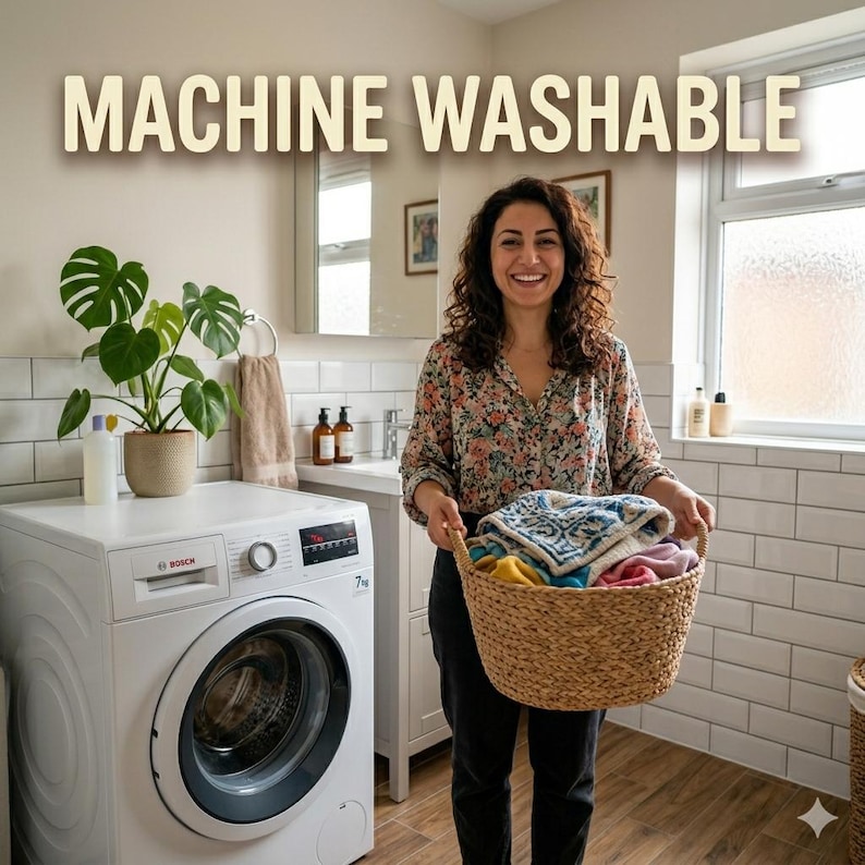 May include: A white Bosch washing machine with a black door and control panel. The text "MACHINE WASHABLE" is at the top of the image. A person is holding a basket of clean laundry in a bathroom.