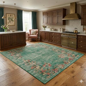 May include: A large, rectangular, distressed-look rug in a kitchen setting. The rug features a teal green background with a floral pattern in shades of pink, red, and cream. The rug is placed on a hardwood floor.