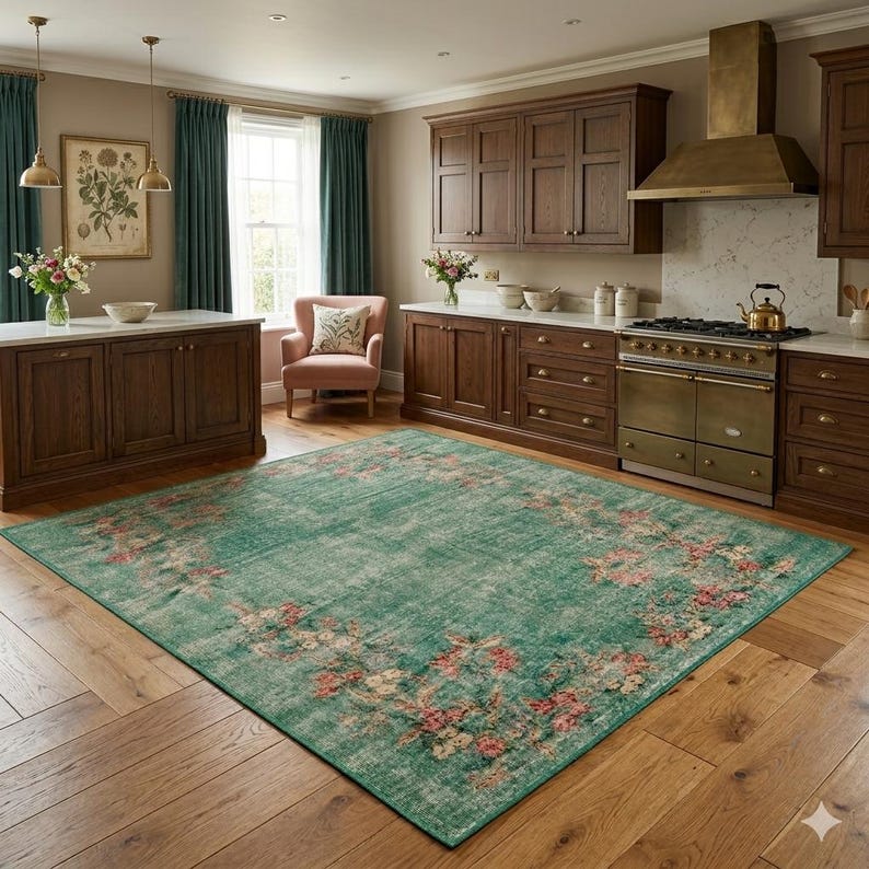 May include: A large, rectangular, distressed-look rug in a kitchen setting. The rug features a teal green background with a floral pattern in shades of pink, red, and cream. The rug is placed on a hardwood floor.