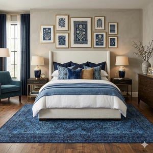 May include: A bedroom scene featuring a large bed with a white headboard, adorned with blue and beige pillows and a blue blanket. A blue patterned rug covers the floor. The walls display framed botanical prints in gold frames. Two bedside tables with lamps flank the bed.