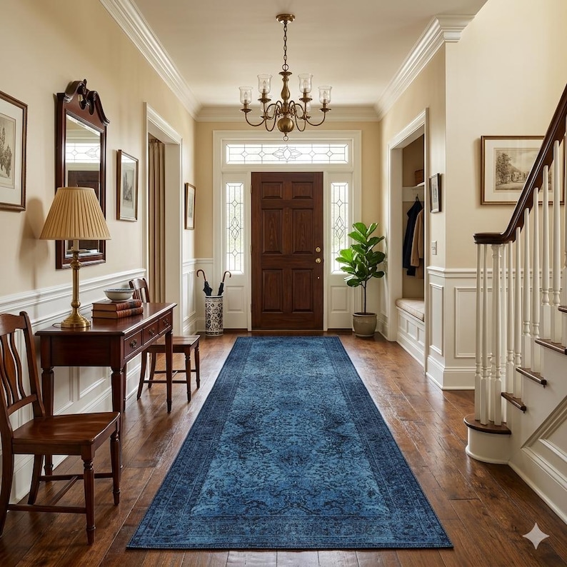 May include: A hallway with a long, rectangular blue rug with a floral pattern. The rug is centered in the hallway, which has hardwood floors and cream-colored walls. A wooden table, chairs, and a mirror are visible.