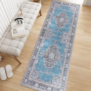 Tappeto blu turco, stile orientale vintage, antiscivolo e lavabile