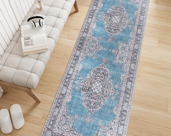 Turkish Blue Area Rug, Vintage Oriental Style, Non-Slip Washable Runner