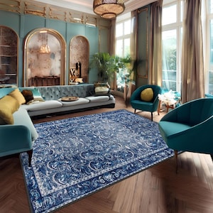 Distressed Turkish Blue Rug, Perfect for Living Room, Bedroom and Entrance, Housewarming Gift, Washable Pet Friendly Rug, Any Size Available