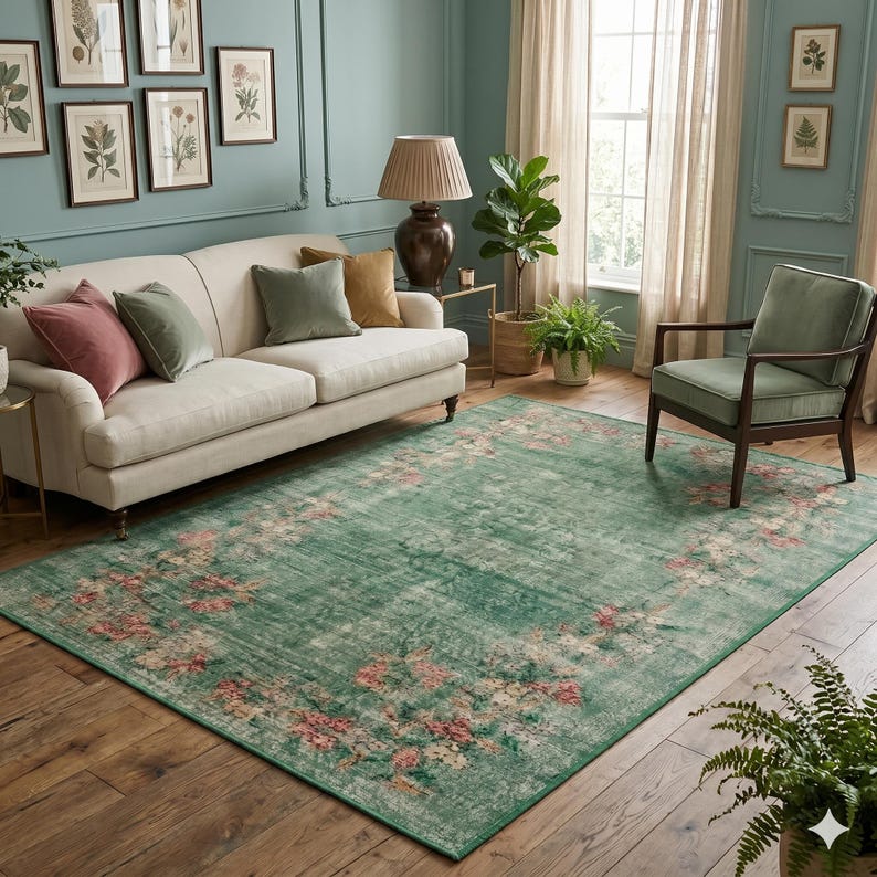 May include: A large, rectangular, distressed-look rug with a green background and a floral pattern in shades of pink and cream. The rug is placed in a living room with a cream-colored sofa and green accent chairs.