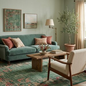 May include: A living room scene with a teal sofa, patterned rug, and two armchairs. Decorative pillows in shades of pink and beige adorn the sofa. A wooden coffee table and a potted olive tree add to the room's aesthetic.