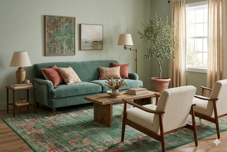 May include: A living room scene with a teal sofa, patterned rug, and two armchairs. Decorative pillows in shades of pink and beige adorn the sofa. A wooden coffee table and a potted olive tree add to the room's aesthetic.