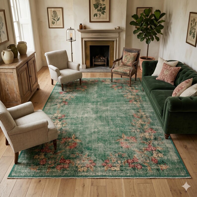 May include: A large, rectangular, distressed green rug with a floral pattern in pink and cream. The rug is placed in a living room with a green sofa, two armchairs, and a wooden cabinet. The room has a fireplace and framed botanical prints.