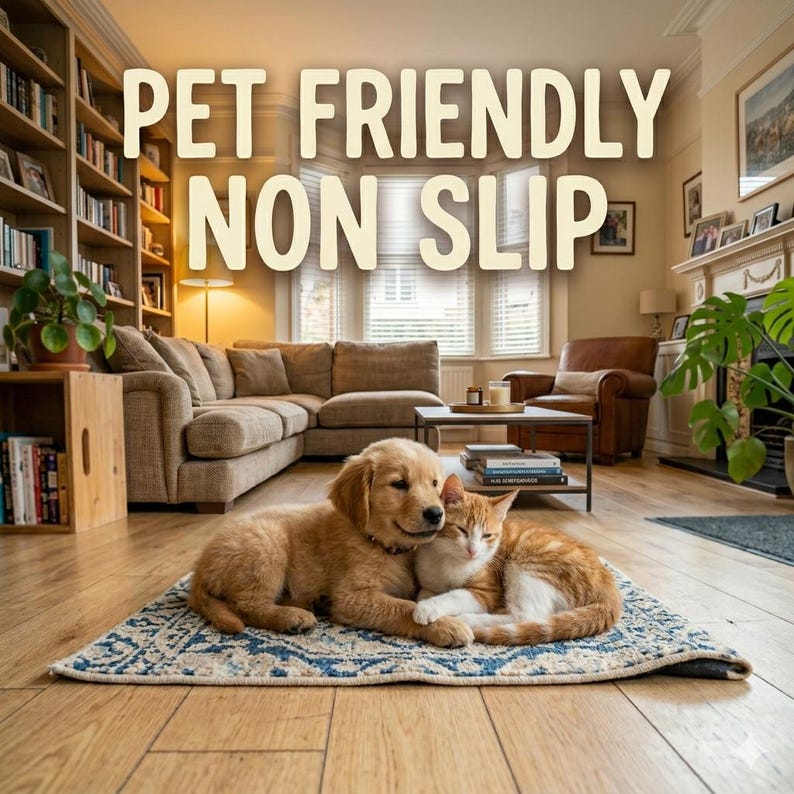 May include: A golden retriever puppy and an orange tabby cat are snuggled together on a blue and white patterned rug. The rug is in a living room with a sectional sofa, bookshelves, and the text "PET FRIENDLY NON SLIP" in large letters.