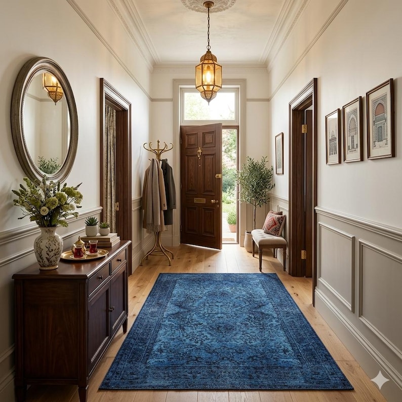 May include: An interior hallway with a blue patterned rug, dark wood furniture, and a decorative hanging light. The walls are painted white with decorative molding. A round mirror hangs on the wall.