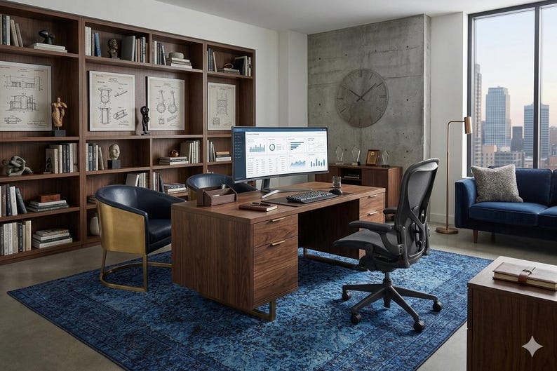 May include: A modern home office with a large wooden desk, a black ergonomic chair, and a blue patterned rug. A large computer monitor displays data. Bookshelves and a blue sofa are also visible.