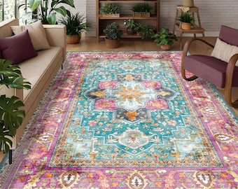 Pink and Blue Turkish Rug, Living Room Decor, Medallion Rug, Non