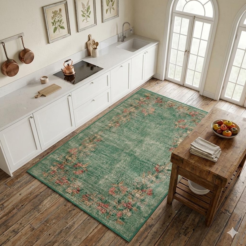 May include: A rectangular, distressed-look rug with a faded green background and a floral border in shades of pink and peach. The rug is placed in a kitchen setting with white cabinets and wooden floors. The rug's dimensions are approximately 5' x 8'.