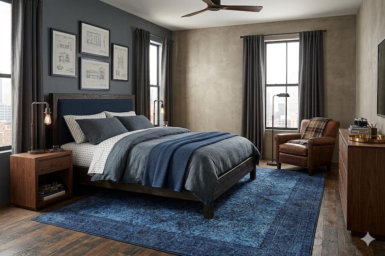 May include: A bedroom with a dark blue rug, a bed with blue bedding, and a brown leather armchair. The room has dark gray curtains, a wooden dresser, and framed architectural drawings on the wall.