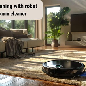 以下が含まれることがあります： リビングルームの模様入りのラグの上にある黒いロボット掃除機。「Easy cleaning with robot vacuum cleaner」というテキストが上に表示されています。ソファ、植物、テレビが背景にあります。
