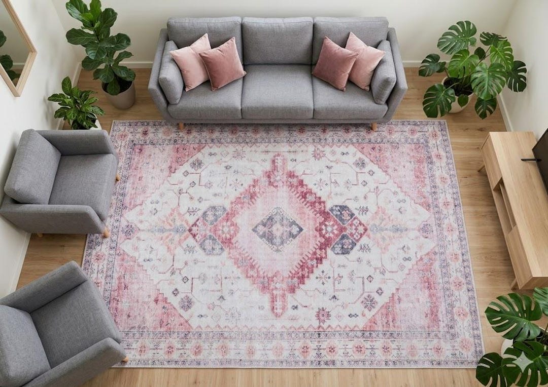 Vintage Style Pink Turkish Rug: Machine Washable, Stain Resistant