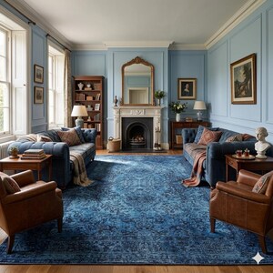 May include: A living room with a classic design, featuring two blue sofas, two brown leather armchairs, and a large blue patterned rug. A fireplace with a gold mirror above it is the focal point. The walls are painted a light blue.