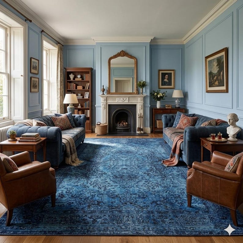 May include: A living room with a classic design, featuring two blue sofas, two brown leather armchairs, and a large blue patterned rug. A fireplace with a gold mirror above it is the focal point. The walls are painted a light blue.