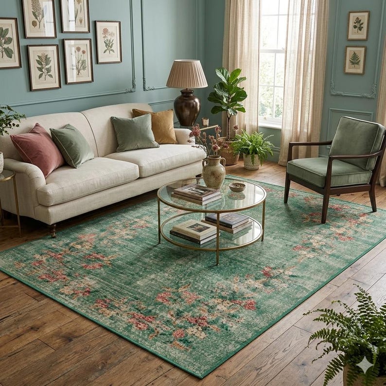 May include: A living room scene featuring a cream-colored sofa with decorative pillows, a green floral rug, and a glass-topped coffee table. The room is decorated with framed botanical prints and a floor lamp.