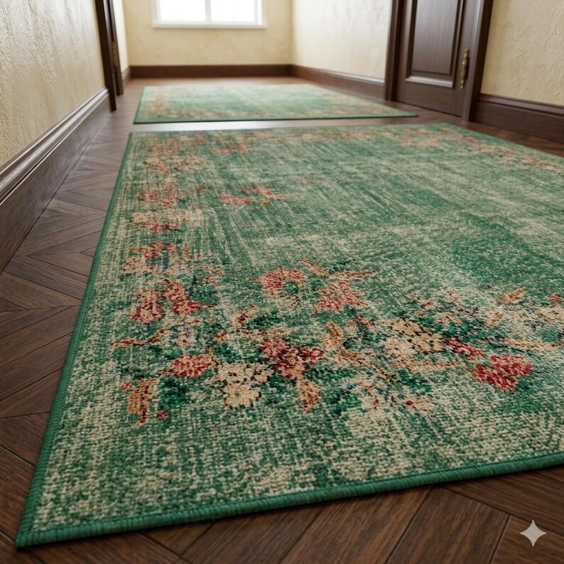 May include: Green rectangular rug with a floral pattern in shades of red, pink, and cream. The rug has a distressed, vintage look and a green border. A second, smaller rug of the same design is visible in the background.