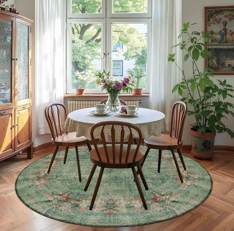 May include: A dining room scene featuring a round, green floral rug beneath a wooden table and four matching chairs. The table is set with a lace tablecloth, teacups, and a vase of flowers. A large window and a potted plant are also visible.