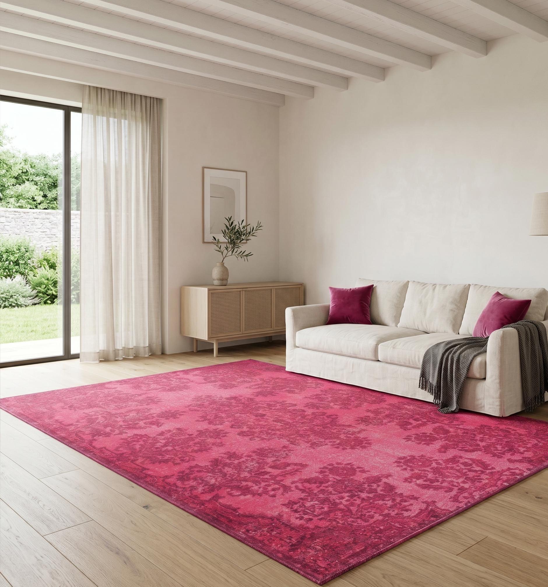 Elegant Pink Area Rug, Turkish Carpet Motifs, Non-slip, Cotton