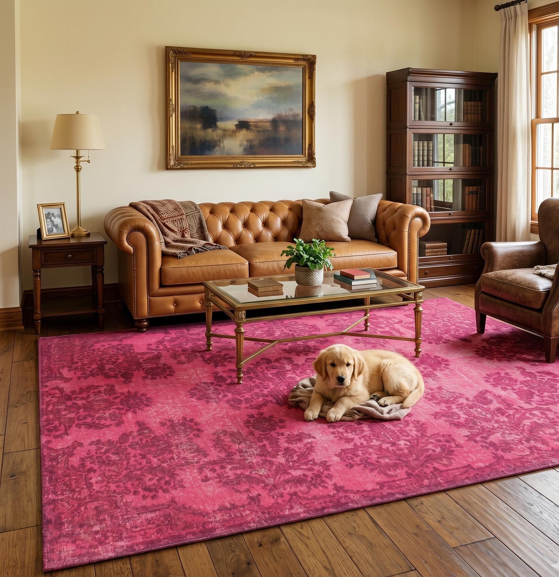 Elegant Pink Area Rug, Turkish Carpet Motifs, Non-slip, Cotton