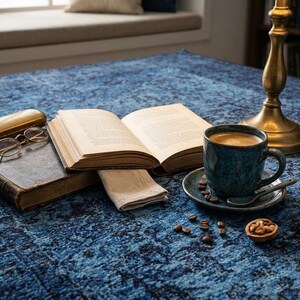 May include: A still life arrangement featuring an open book, reading glasses, and a cup of coffee on a blue patterned surface. A brass lamp and a walnut are also present, creating a cozy reading nook atmosphere.
