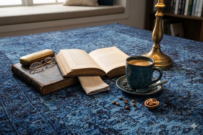 May include: A still life arrangement featuring an open book, reading glasses, and a cup of coffee on a blue patterned surface. A brass lamp and a walnut are also present, creating a cozy reading nook atmosphere.