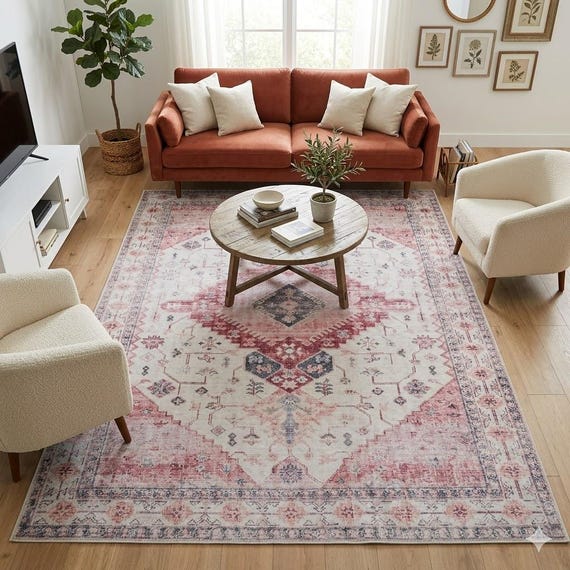 Vintage Style Pink Turkish Rug: Machine Washable, Stain Resistant
