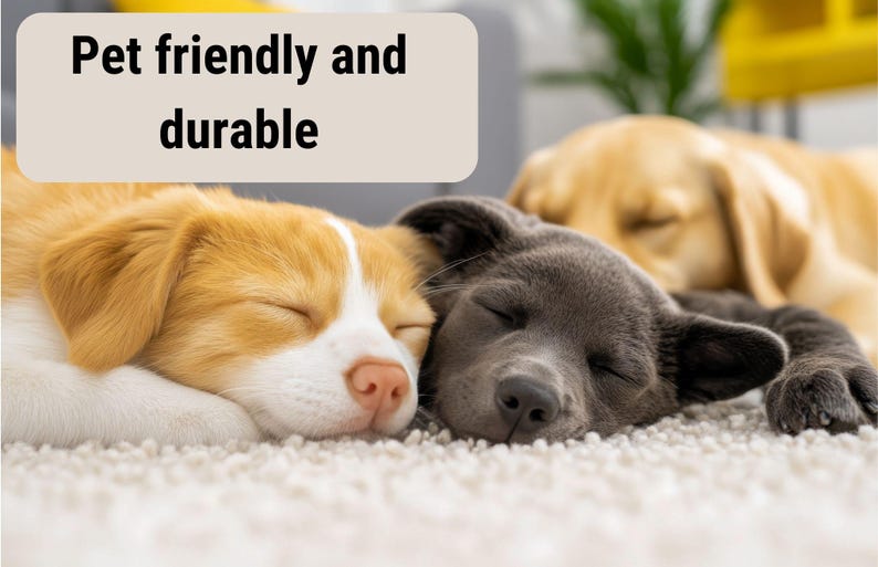 May include: Three sleeping puppies, a light brown and white, a gray, and a light yellow, rest peacefully on a white carpet. The image includes the text "Pet friendly and durable" in a white box.