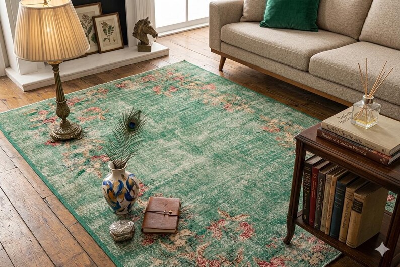 May include: A distressed green area rug with a floral pattern in pink and cream tones. The rug is placed in a living room setting, with a sofa, side table, and a decorative lamp. A peacock feather is in a vase.