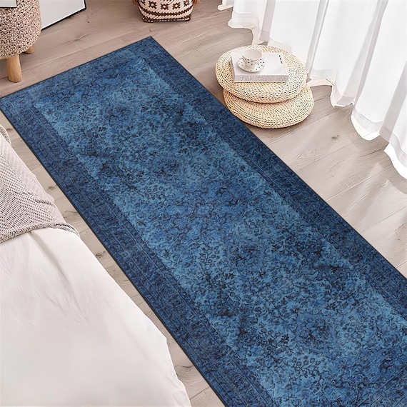 Turkish Blue Rug Runner, Perfect for Entry Way, Hallway, Bedroom, Office, Non Slip Backed, Washable Kitchen Rug, Any Size Available Rug