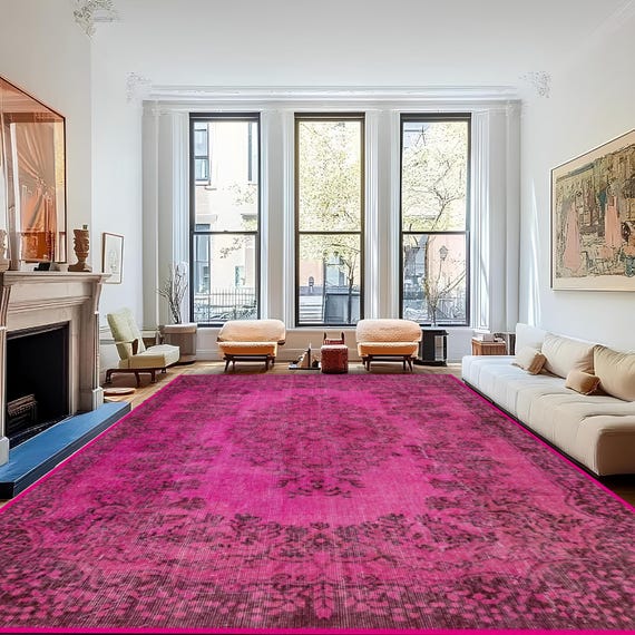 Boho Chic Pink Turkish Rug, Non-slip, Machine Washable, Custom