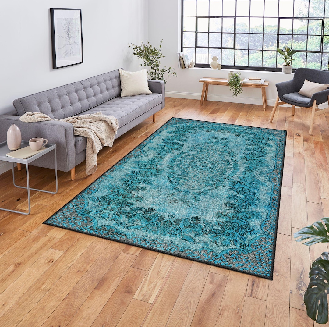 Turquoise Mediterranean Rug Turquoise Blue Turkish Rug, Vintage Medallion Style, Easy Clean, Non ...