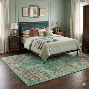 May include: A bedroom scene featuring a bed with a teal headboard, adorned with pillows in shades of pink, cream, and green. A light green bedspread and a floral patterned rug in shades of teal, pink, and cream complete the room's decor. The room has framed botanical prints.