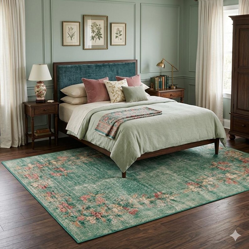 May include: A bedroom scene featuring a bed with a teal headboard, adorned with pillows in shades of pink, cream, and green. A light green bedspread and a floral patterned rug in shades of teal, pink, and cream complete the room's decor. The room has framed botanical prints.