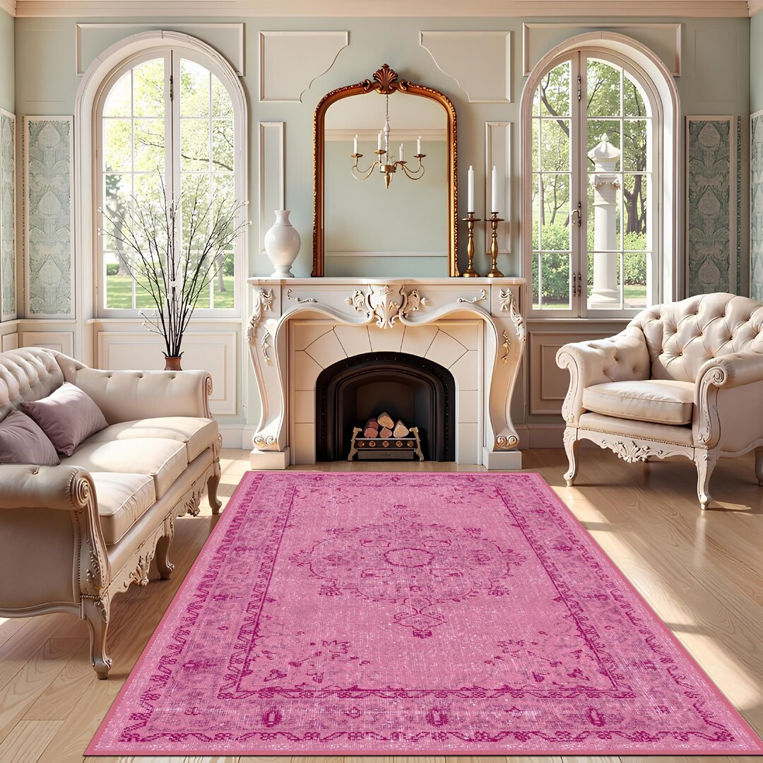 Elegant Pink Turkish Rug, Cotton Bedroom Carpet, Non Slip, Machine