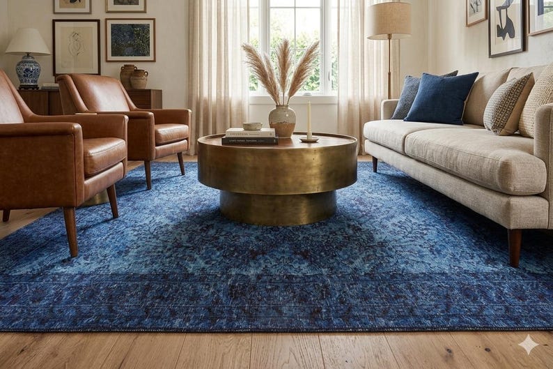 May include: A living room featuring a large blue area rug with a distressed pattern. The room includes brown leather armchairs, a beige sofa with decorative pillows, and a round brass coffee table. The room is well-lit with natural light.