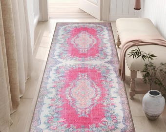 Alfombra turca rosa, antideslizante, lavable y para entrada.