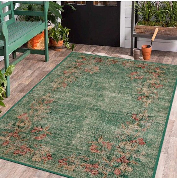 Green and Pink Floral Turkish Rug, Vintage Style, Non-Slip Bedroom Carpet, Machine Washable