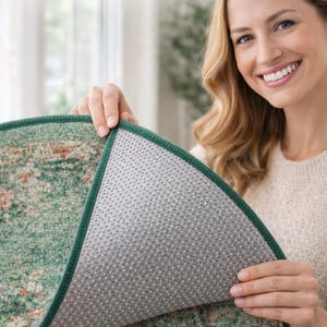 May include: A green and red patterned rug with a green border is held up to show the non-slip backing. The backing is gray with a textured surface. The text "Non-Slip Backing" is visible.