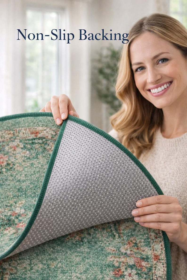 May include: A green and red patterned rug with a green border is held up to show the non-slip backing. The backing is gray with a textured surface. The text "Non-Slip Backing" is visible.