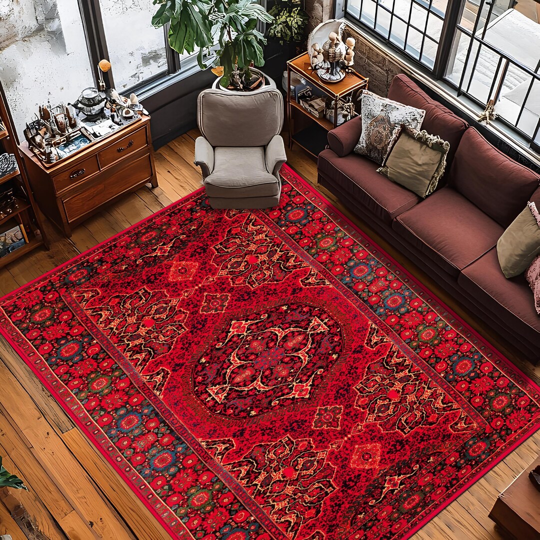 Red Turkish Style Rug Vintage Style Turkish Red Rug: Non-slip Living Room Carpet, Oriental ...