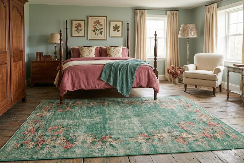 May include: A bedroom with a four-poster bed, a patterned rug, and framed botanical prints. The bed has a dusty rose comforter and a teal throw. The rug is teal with a floral pattern. A wooden armoire and a cream-colored armchair are also present.
