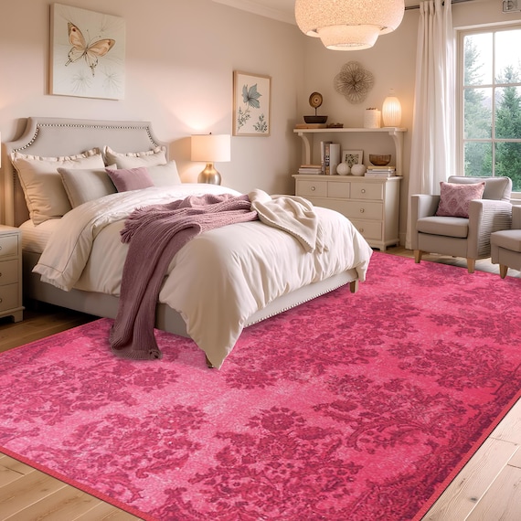 Elegant Pink Area Rug, Turkish Carpet Motifs, Non-slip, Cotton