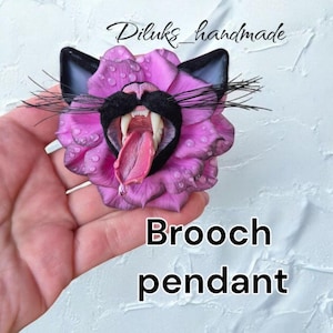 Quirky Gothic Accessories Unique Toothy Cat Brooch Fantastic Flower Pendant Polymer Clay mystical fairytale jewelry handmade