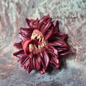 Mystical Toothy Flower Brooch: Handmade Gothic Pendant, Quirky Polymer Clay Fairytale Jewelry