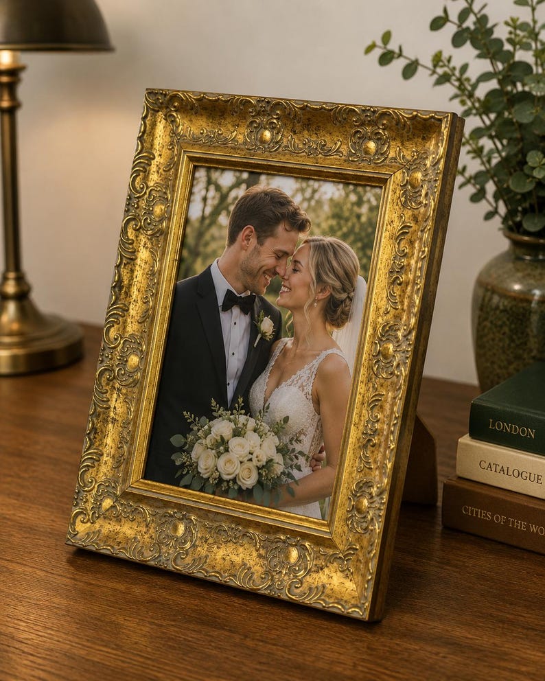 Op de afbeelding: Een rechthoekige fotolijst met een sierlijke, verweerde gouden afwerking en verhoogde decoratieve krulpatronen. De lijst bevat een foto van een koppel in trouwkleding, waarbij de persoon links een zwart pak draagt en de persoon rechts een witte kanten jurk met een boeket witte rozen.